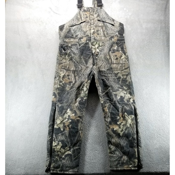 VTG Mossy Oak Bib Overalls L Brown Carpenter Made in USA Workwear Denim